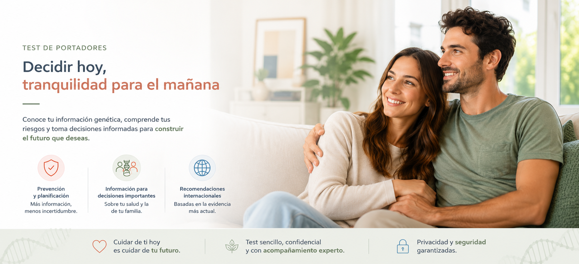 Test de portadores. Decidir hoy, tranquilidad para el mañana: pareja pensando en su futuro juntos. Prevención y planificación, información para decisiones importantes y recomendaciones internacionales.