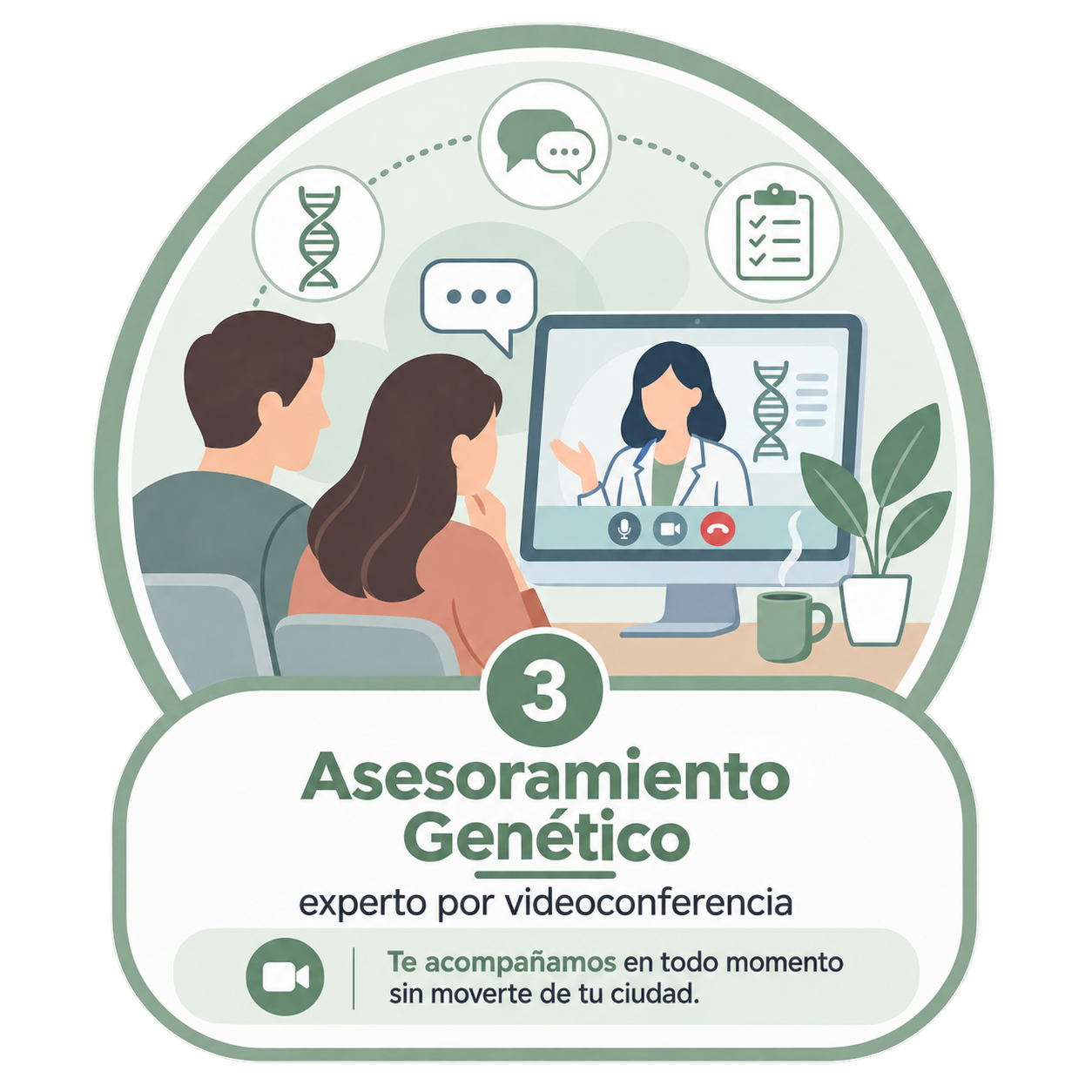 Paso 3 del proceso de Genagen, Asesoramiento genético: una pareja recibe asesoramiento por videoconferencia desde su casa.