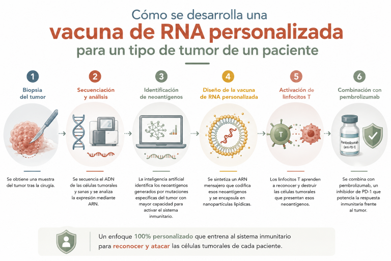 Cómo se desarrolla una vacuna de ARN personalizada para el tumor de un paciente, en seis pasos: biopsia del tumor, secuenciación y análisis, identificación de neoantígenos, diseño de la vacuna de ARN, activación de linfocitos T y combinación con pembrolizumab.