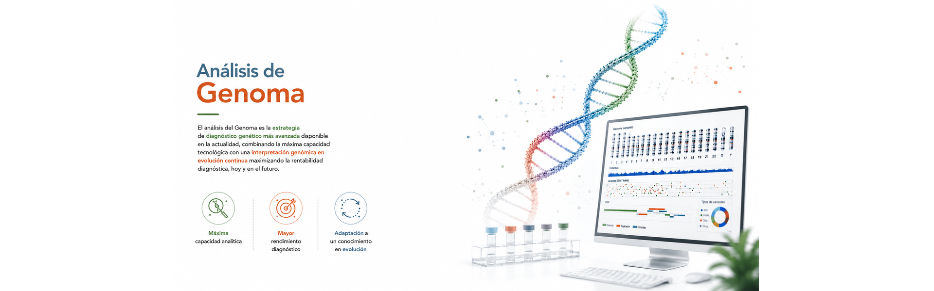 Análisis de Genoma. El análisis del Genoma es la estrategia de diagnóstico genético más avanzada disponible en la actualidad, combinando la máxima capacidad tecnológica con una interpretación genómica en evolución continua, maximizando la rentabilidad diagnóstica, hoy y en el futuro. Máxima capacidad analítica, mayor rendimiento diagnóstico y adaptación a un conocimiento en evolución.