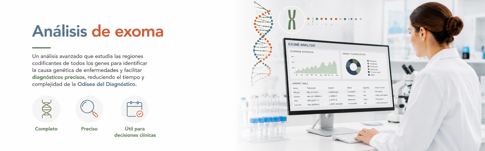 Análisis de exoma. Un análisis avanzado que estudia las regiones codificantes de todos los genes para identificar la causa genética de enfermedades y facilitar diagnósticos precisos, reduciendo el tiempo y complejidad de la Odisea del Diagnóstico. Completo, preciso y útil para decisiones clínicas.