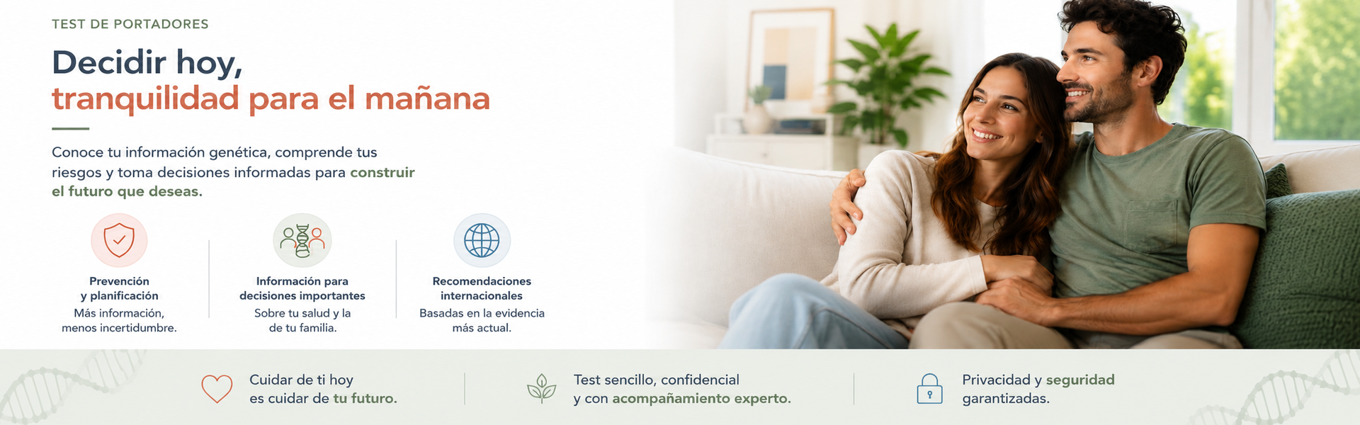 Test de portadores. Decidir hoy, tranquilidad para el mañana: pareja pensando en su futuro juntos. Prevención y planificación, información para decisiones importantes y recomendaciones internacionales.